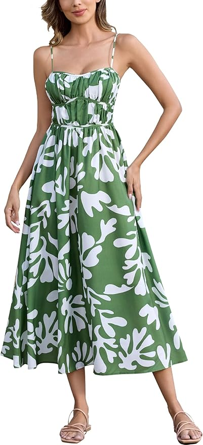 女士夏季连衣裙绿色超长太阳裙 A 字形印花细肩带沙滩裙，适合海滩度假