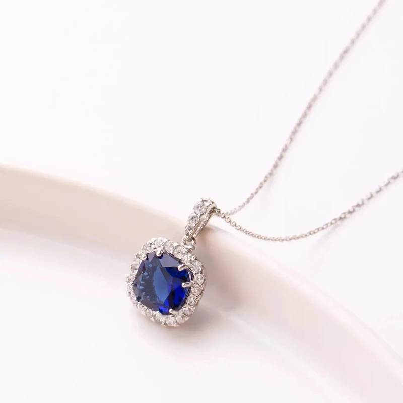 1.80 Ct Natural Blue Sapphire & Diamond Halo Pendant Necklace in 14K White Gold